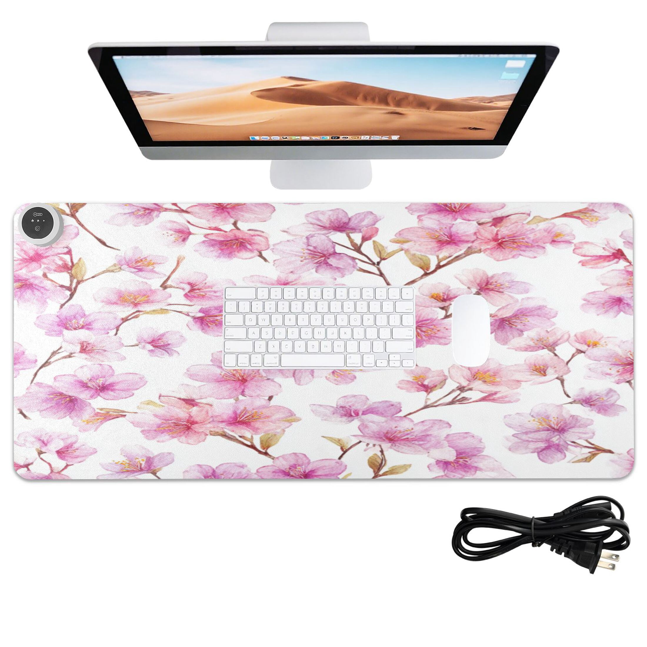 Large Heated Desk Mat Mouse Pad 31.5"x13"PU Leather Graphene Heating Desk Warmer with 3 Temperature Settings 110V US Plug Non-Slip Warm Pad for Home, Office, and Gaming Spring Cherry Blossom Glow