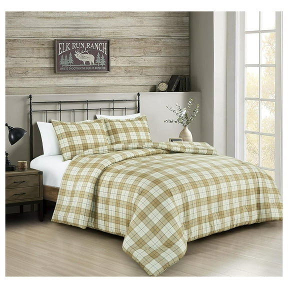 3-Piece Plaid Comforter Set Queen Size - Tan Beige Blue Plaid Stripe Printed Microfiber Bedding Lightweight Breathable Blanket for All Season Tan Plaid
