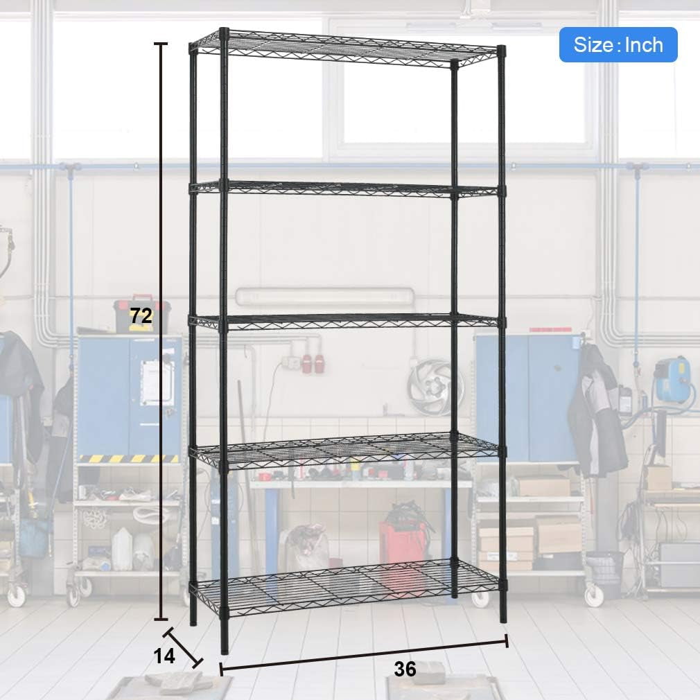 FDW 5 Shelf Wire Shelving Unit Garage NSF Wire Shelf Adjustable Utility Commercial Grade Steel Layer Shelf Rack Organizer 1250 LBS Capacity -14x36x72,Black