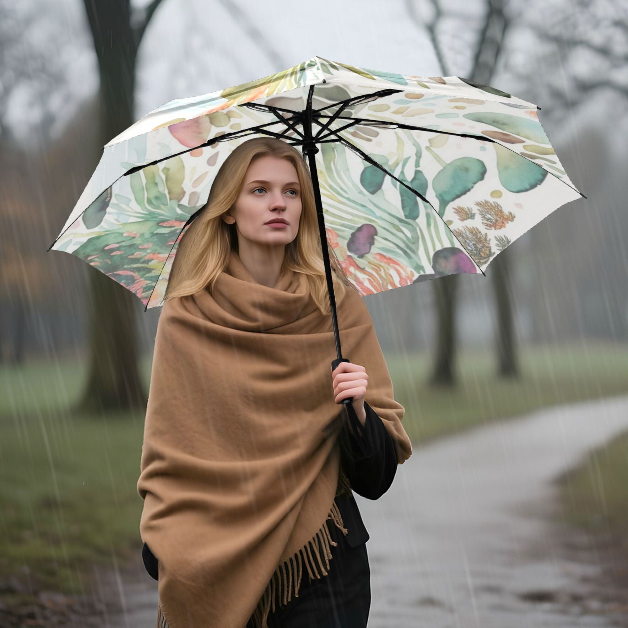 21" Inch Auto Open Close Folding Umbrella Windproof Waterproof Full Print 8-Rib Compact Travel Umbrella for Rainy Days Pondside Chandelier Fusang