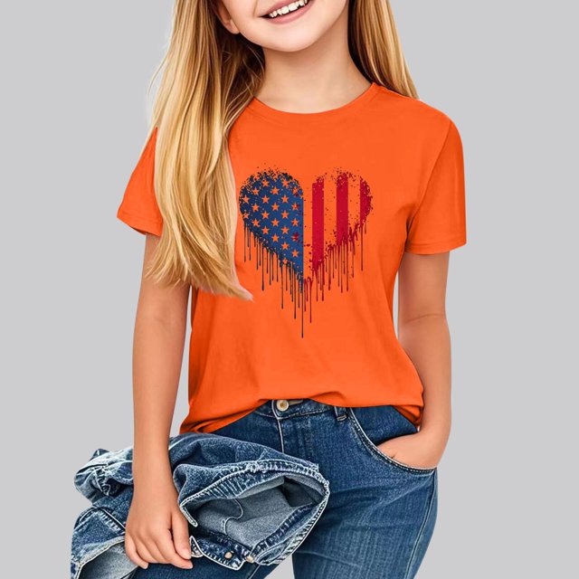 hengsof T-Shirt Imprimé à Thème Patriotique pour Filles, Manches Courtes, Col Rond, Ample et Confortable, Adapté aux Enfants de 2 à 13 Ans