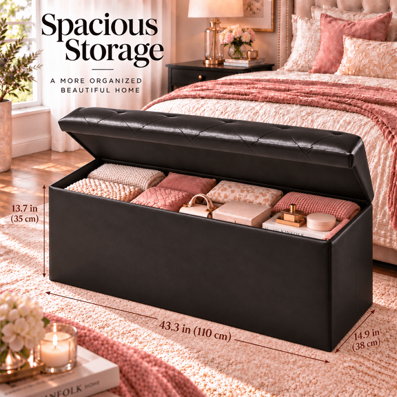 43" Storage Ottoman Bench, Folding Ottoman Foot Rest, Storage Chest with Thicker Seat, Storage for Blankets in Living Room, Entryway, Bedroom,
