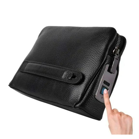 Fingerprint safes Men Zipper Leather Wallet Smart Fingerprint Security Anti Theft Handbag ,Compact Design