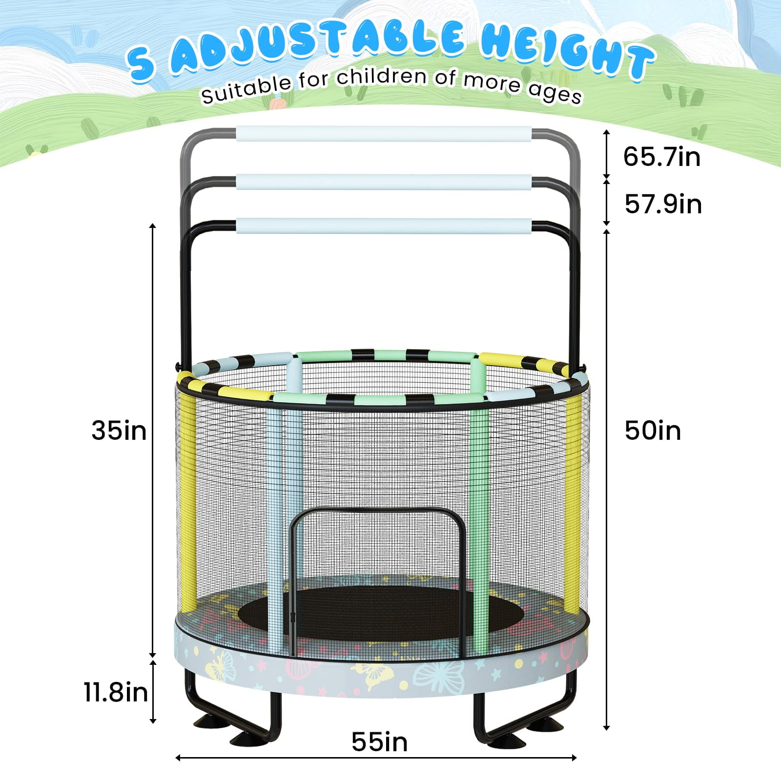 MOOSENG Round Kids Trampoline, Bouncing Trampoline with Safety Enclosure Net, Adjustable Height Handrail, 500lbs Capacity, Designs for Boys & Girls, 7-in-1, 55” (Butterfly)