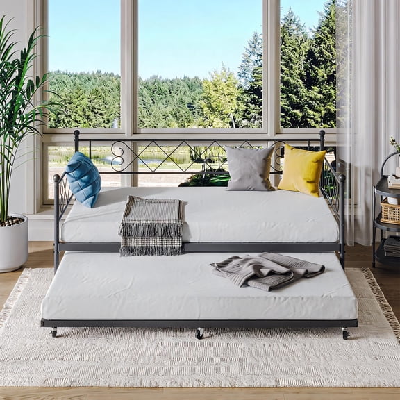 Twin Metal Daybed with Trundle, Heavy Duty Steel Slat Support, Day Bed Frame with Headboard for Bedroom, Living Room, Guest Room, Black