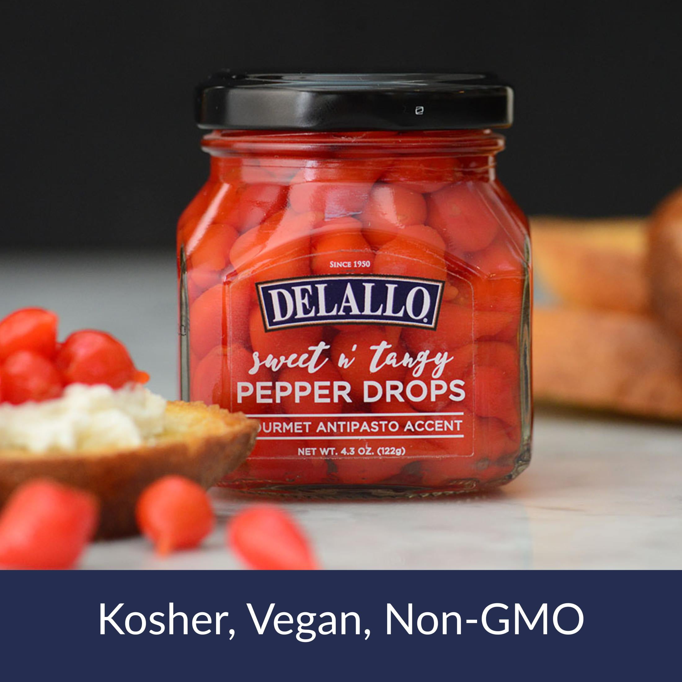 DeLallo Sweet & Tangy Pepper Drops, Non-GMO, Kosher, 4.3 oz Jar (3 pack)