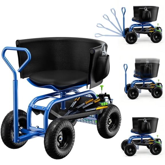 Wheeled garden seat, garden cart work stool, gardening stool for planting, 360-degree swivel seat with storage basket and cushion, suitable for patios, gardens and outdoors (Blue)