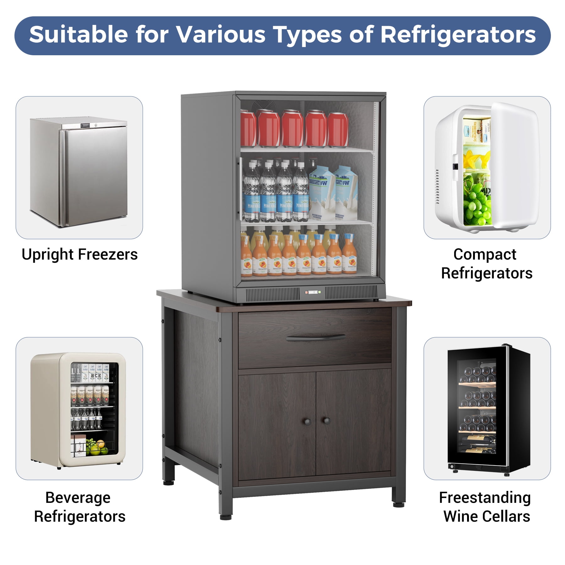 INFANZIA Mini Fridge Stand with Storage, Heavy Duty Mini Fridge Cabinet with Drawer, Solid Wood Beverage Refrigerator Stand Table for Dorm, Office, Bedroom, Load 220LBS, Black