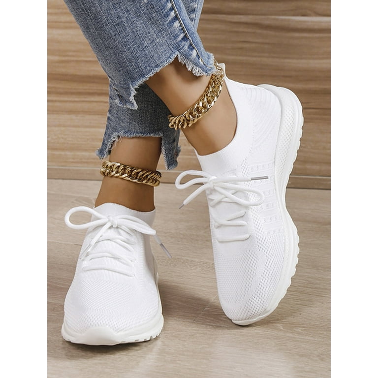 Stylish White Athletic Sneakers for Women Lace ups Wide Width Running Shoes 9 Female