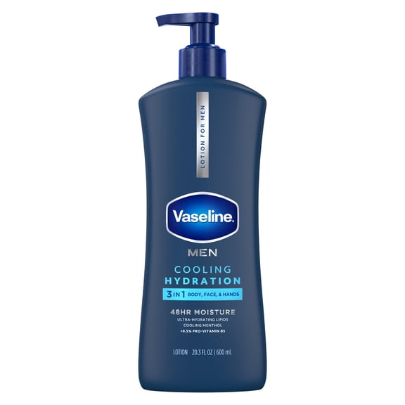Vaseline Men Cooling Hydration 3-in-1 Face, Hands & Body Lotion For Men For Dry Skin With Menthol & Ultra-Hydrating Lipids, 20.3 fl oz