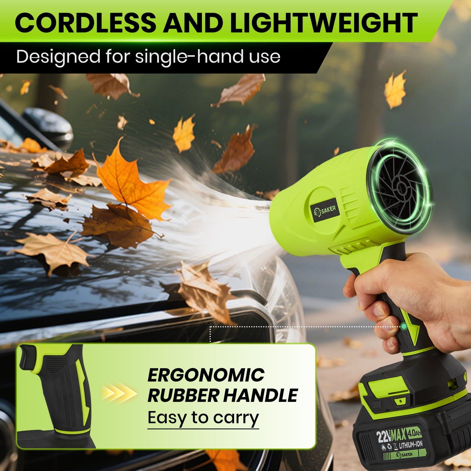 Saker Electric Cordless Leaf Blower with Adjustable Speed, Portable Handheld Leaf Blower with 2x 4.0Ah Batteries for Patio Cleaning, Lawn Care, Green