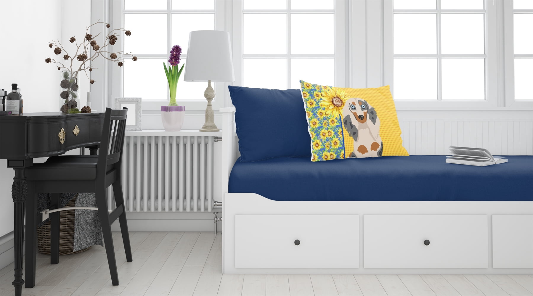 Summer Sunflowers Longhair Cream Dapple Dachshund Fabric Standard Pillowcase