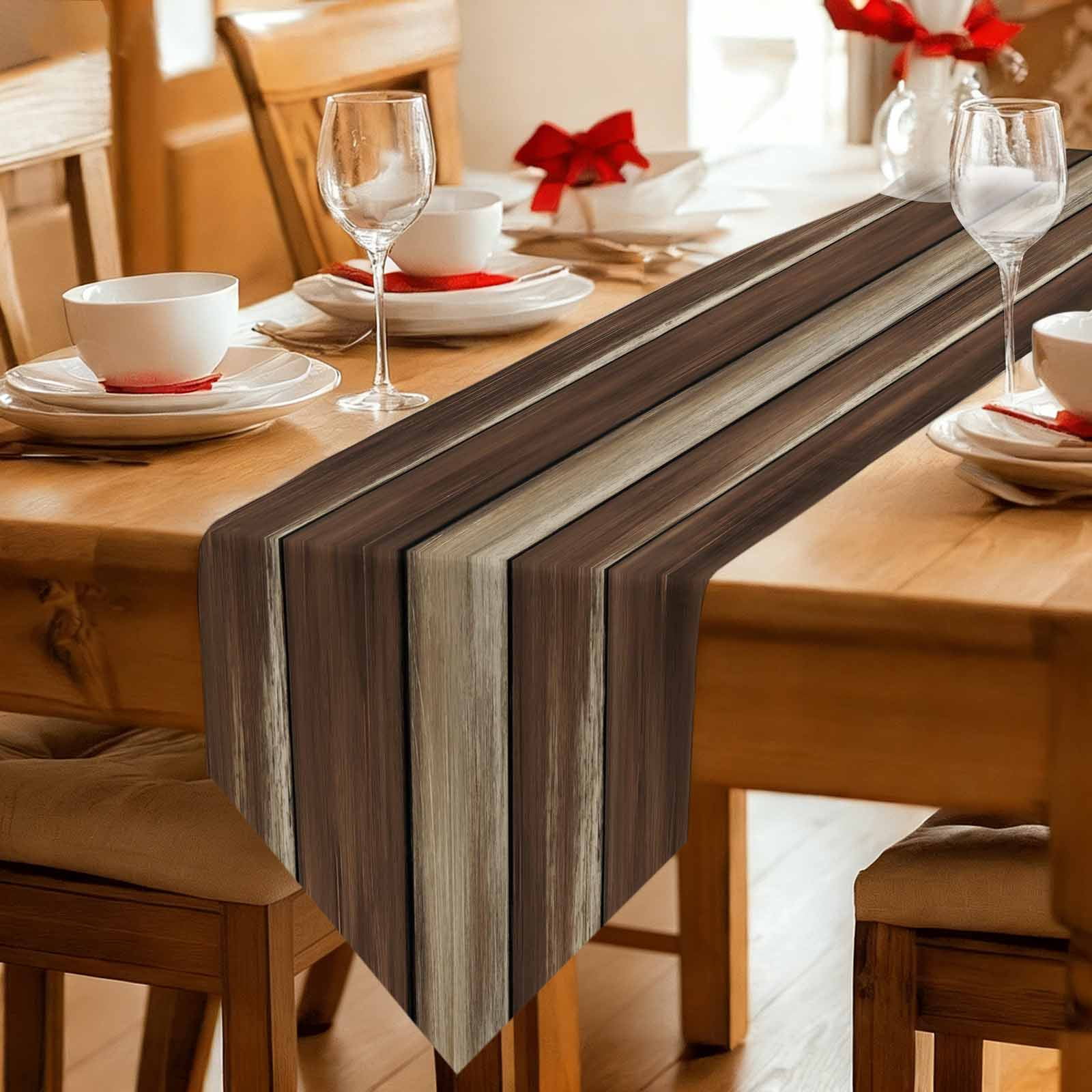 Table Runners 72 Inches Long, Brown Wooden Cotton Linen Kitchen Dining Coffee Table Runner for Party Home Decor, Vintage Farmhouse Retro Art Tabletop Dresser Scarves Runner Decor 13x72 Inch
