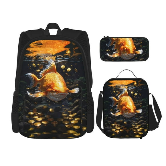 Easygdp Golden Koi And Treasure Mochila para Niños y Niñas con Set de Caja de Almuerzo y Estuche para Lápices 3 en 1, Mochila Escolar Estampada para Adolescentes