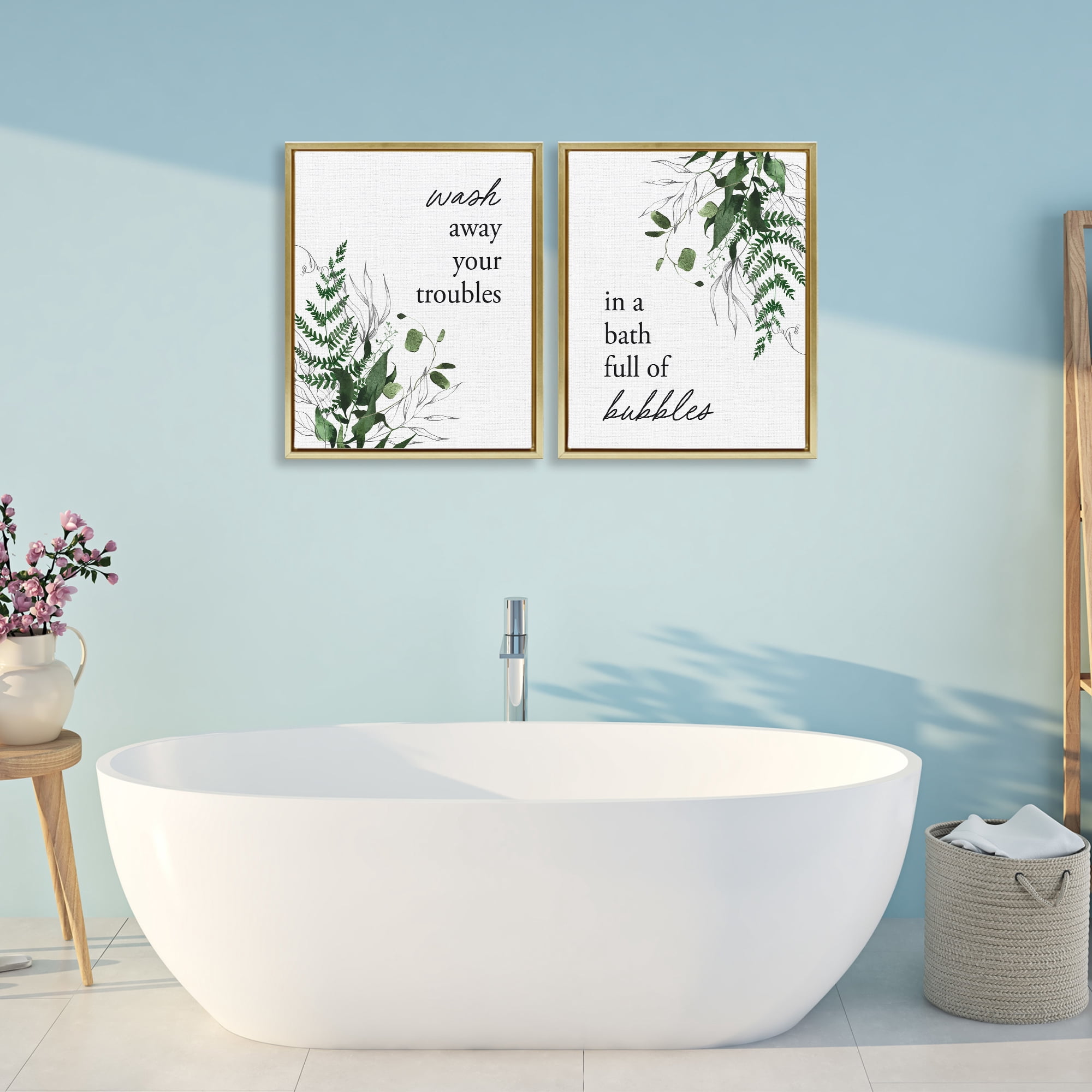 Bubble Bath with Forest Foliage 2 Piece Gold Framed Floater Canvas Set, design by Lettered and Lined