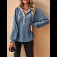 thumbnail image 4 of Sudadera con Capucha y Cordón de Color para Mujer, Cuello en V, Botones Delanteros, Suelta, Informal, de Larga, para Vacaciones de Otoño Azul M, 4 of 9