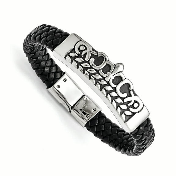 Chisel Stainless Steel Antiqued and Polished Fleur de Lis Black Leather Bracelet