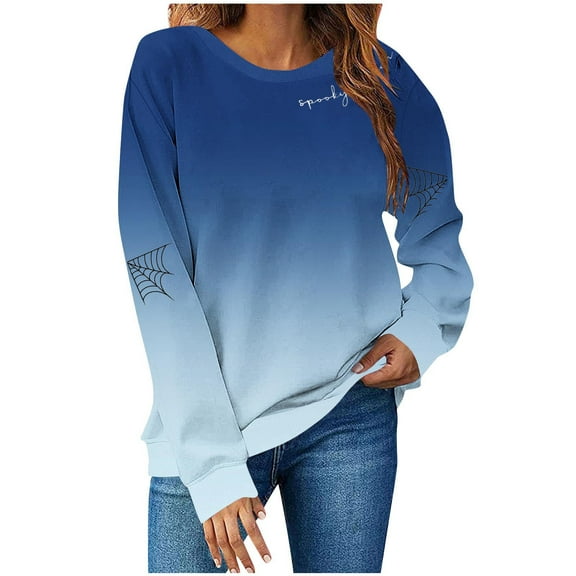 Womens Fall Crewneck Sweatshirts Ghost Halloween Outfits Loose Long Sleeve Gradient Sweat Shirts Casual Lounge Wear Navy, 2XL