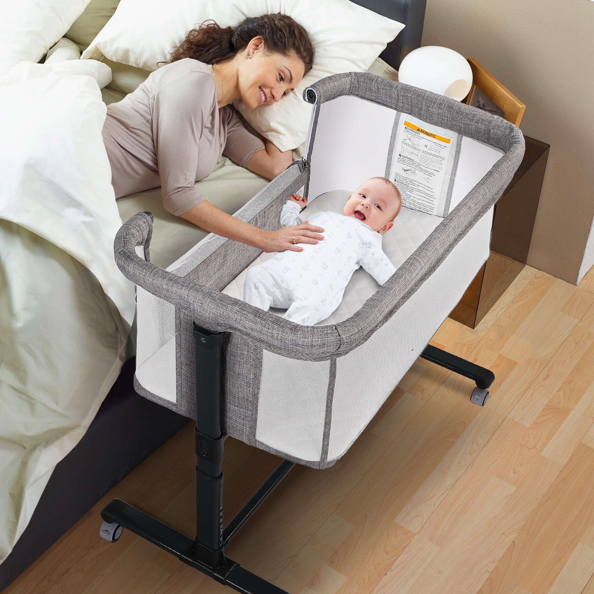 AILEEKISS Bedside Bassinet for Newborn, 6 Height Adjustable Baby Bassinet with Wheels, Grey