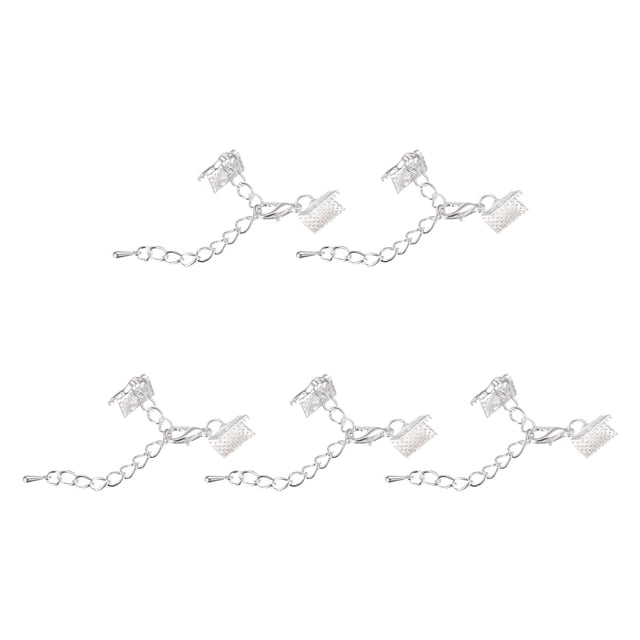 Unique Bargains 10Set Ribbon Crimp Clamp Ends Lobster Claw Clasps & Chain 10mm Silver White for DIY