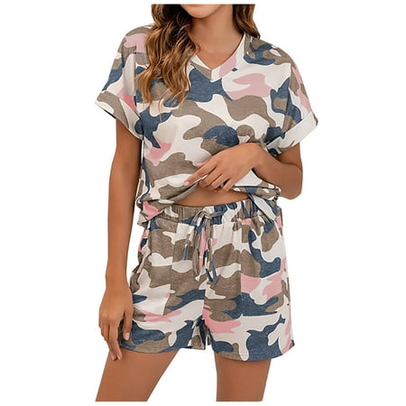 

Fashion Outfits Womens Summer Pajamas Sets Short Sleeve V Neck T Shirts and High Waist Loose Shorts PJs Lounge Sets with Pockets