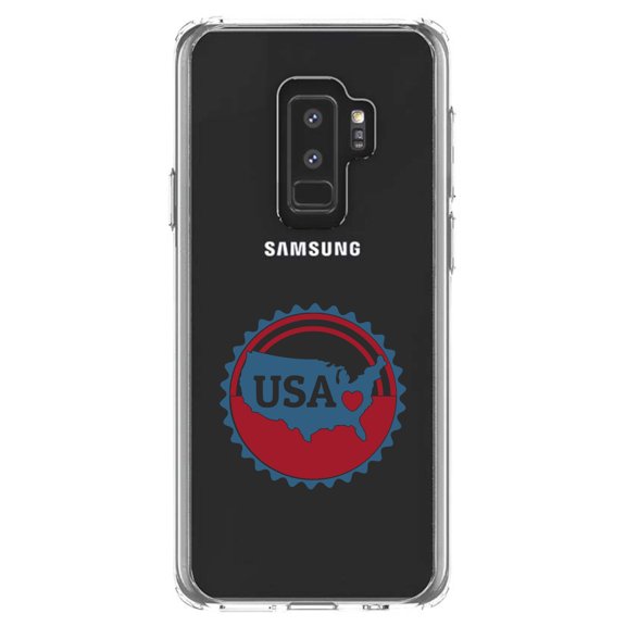 DistinctInk Clear Shockproof Hybrid Case for Samsung Galaxy S9  PLUS (6.2" Screen) - TPU Bumper Acrylic Back Tempered Glass Screen Protector - USA Heart Seal Red White & Blue