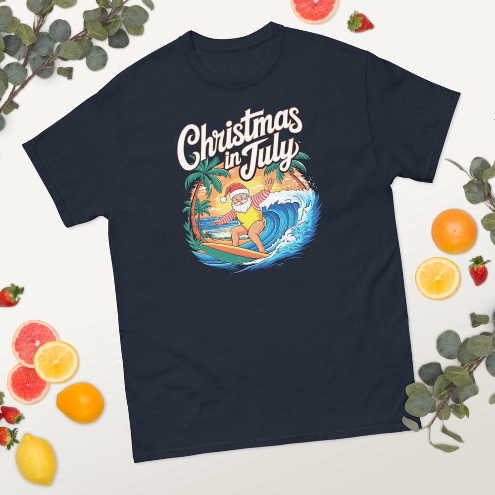 Christmas In July Santa Surfing Summer Hawaiian Christmas Graphic classic tee (Navy, S)