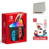 Nintendo Switch OLED Console Neon Red & Blue with Sandisk 128GB MicroSD Card and Screen Cleaning Cloth