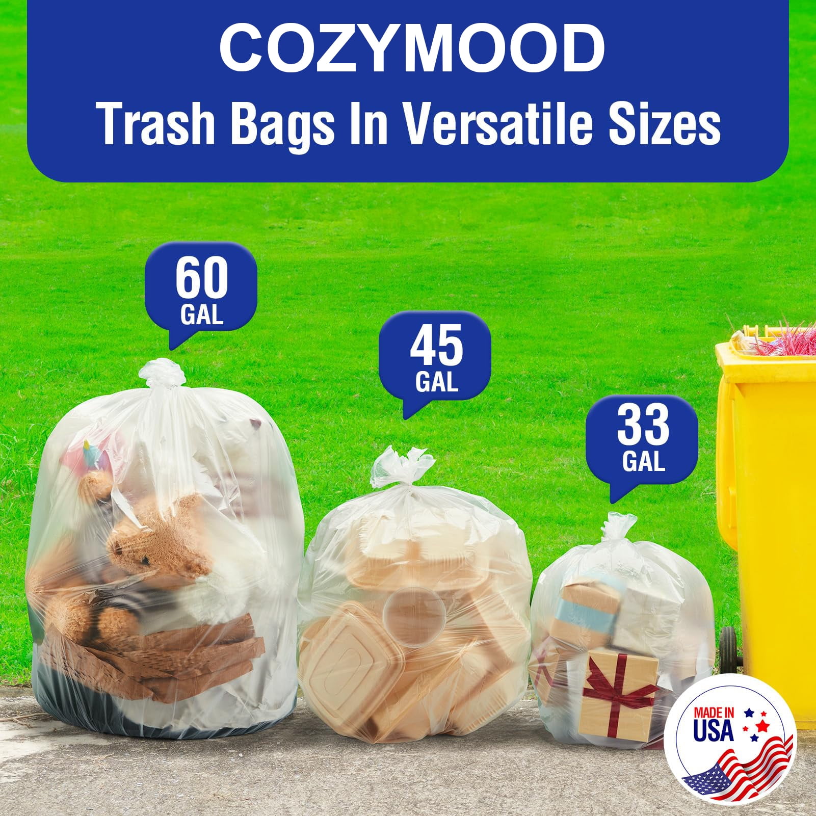 Cozymood 33 Gallon Trash Bags, 100 Count Heavy Duty Garbage Bags, Garbage Can Liners Outdoor Indoor, 0.9 Mil, Clear
