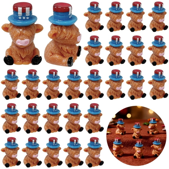 100 Pcs Mini Highland Cow Figurines, Tiny Miniature Resin Sculpture Ornament with American Hat, Brown Small Figurines for Micro Landscape Highland Cow Party Favors Christmas Desk Decor