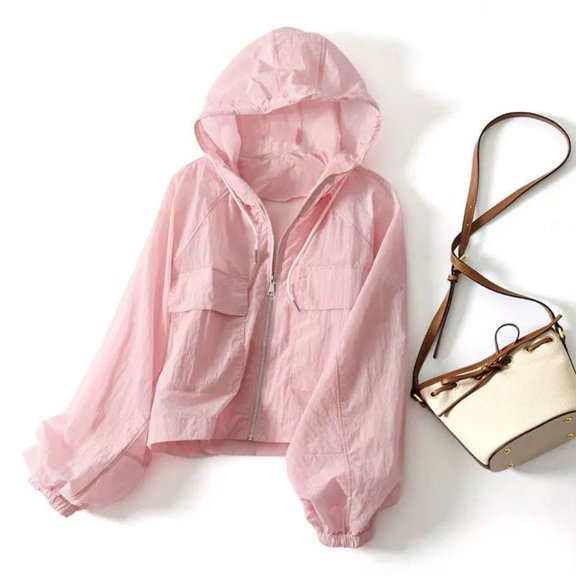 Waterproof Simplicity Thin Sun-Protective Loose Women's Coat Windbreaker Leisure Hooded Outwear Sunscreen Clothing Summer Long Sleeved Jacket PINK M