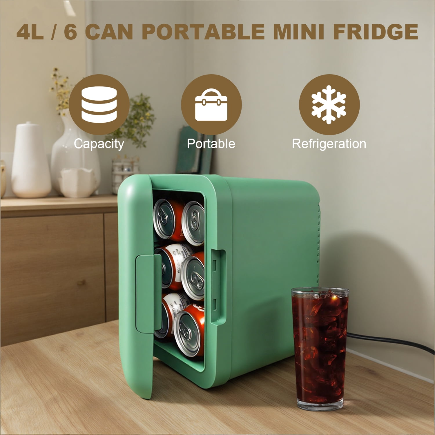 4L/6Can Mini Fridge, Retro Design ,Portable Skincare refrigerator, Small Cooler for Car & Home Use