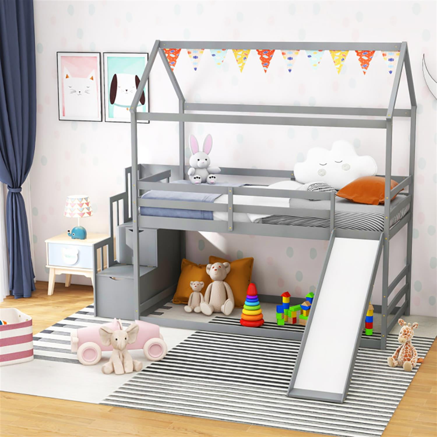 Demi Bonn Twin Over Twin Bunk Bed with Slide and 2-Step Storage Staircase, Solid Wood Loft Bed with Ladder and Full-length Guardrails, Gray