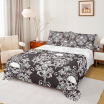 Feelyou Tribal Brown Damask Twin Sheet Sets for Women, Gothic Hippie Skeleton Twin Fitted Sheet, Retro Bohemian Style Flat Sheet, Lightweight Room Decor, 3-Piece