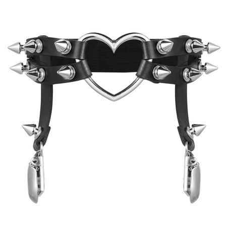 

2pcs Women Leather Double Strap Heart Garter Elastic Rivet Stud Leg Garter Belt black