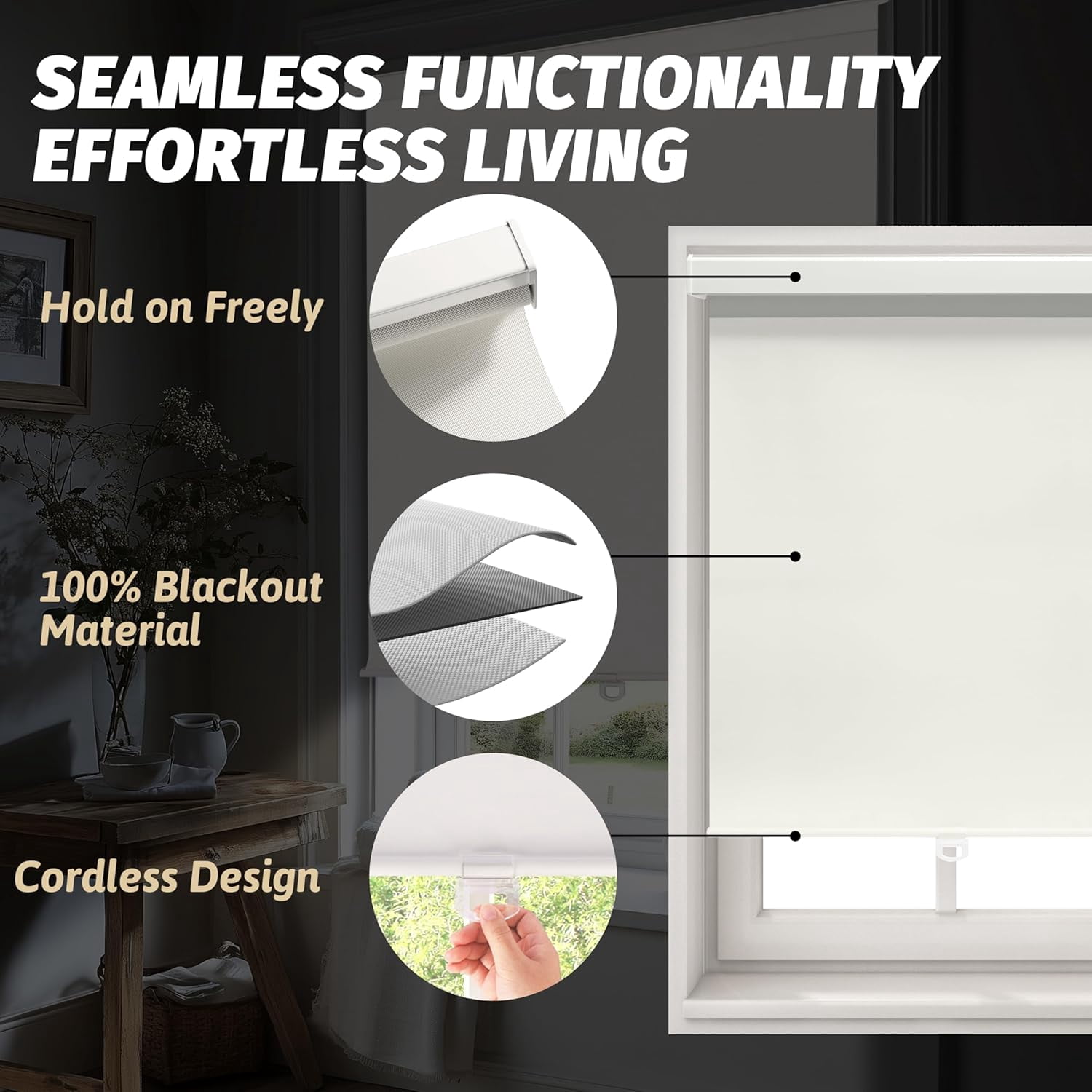 ShadeMart Cordless Blackout Roller Shades, Thermal Insulated & UV Blocking Fabric, Easy Pull-Down Window Blinds for Home & Office, Room Darkening & Energy Efficient(70" W x 72" H, Light Beige)