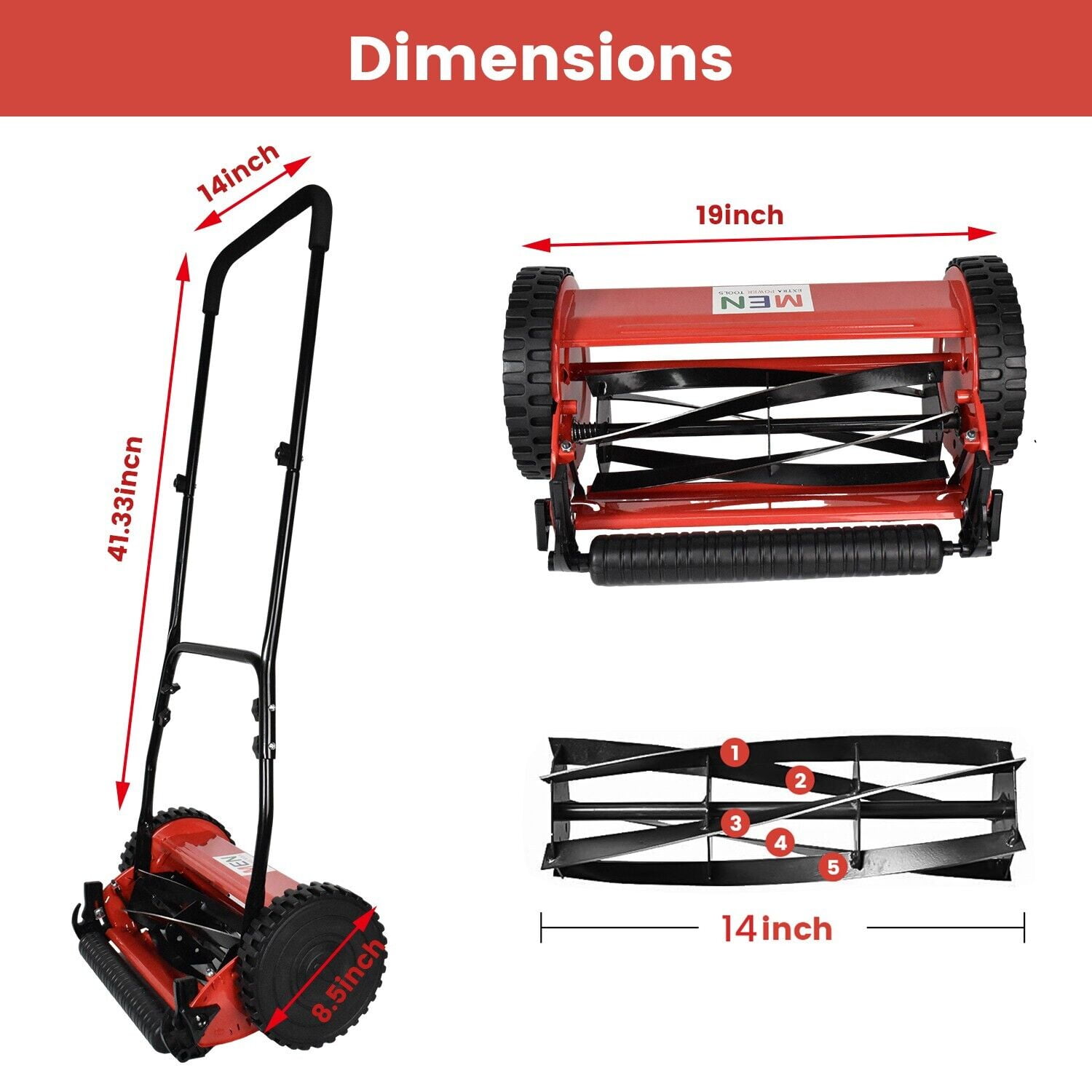 iMeshbean 14-Inch 5-Blade Manual Reel Lawn Mower, 2 Wheels Adjustable Handle Height Hand Push Lawn Catcher,High Efficiency Push Reel Lawn Mower, Red