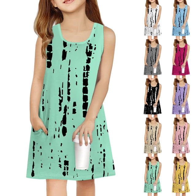 Teen Girls Dresses Sleeveless A-Line Dress with Print Summer Casual Wear for Kids Soft Fabric Sizes 4-12 ,Sie:160