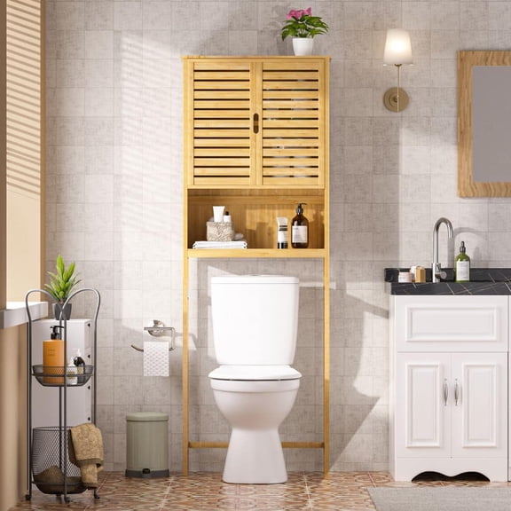 24.4 in. W x 66.9 in. H x 9.5 in. D Yellow Bamboo Bathroom Over-the-Toilet Storage with Removable Shelf and Doors