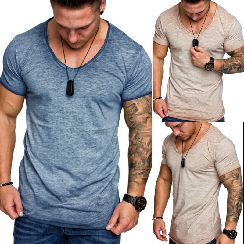 Men's Slim Fit O Neck Short Sleeve Muscle Tee T-shirt Ripped Casual Tops Blouse