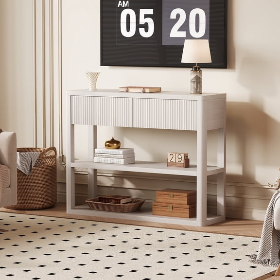 44" Fluted Entryway Table, Wooden Narrow Console Table with Storage Drawers and Three-Tier Open Shelves, Ideal for Living Room, Hallway, or Foyer, White and Grey