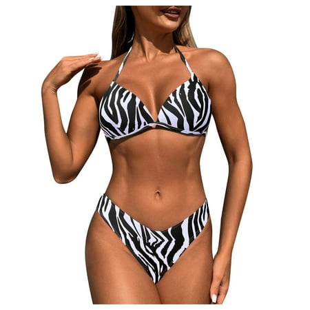 Jdkau Halter Bikini Sets for Women Triangle Thong Swimsuit Sexy Color Block High Waisted Bikini Sets 2 Piece Bikini SetsWhite L