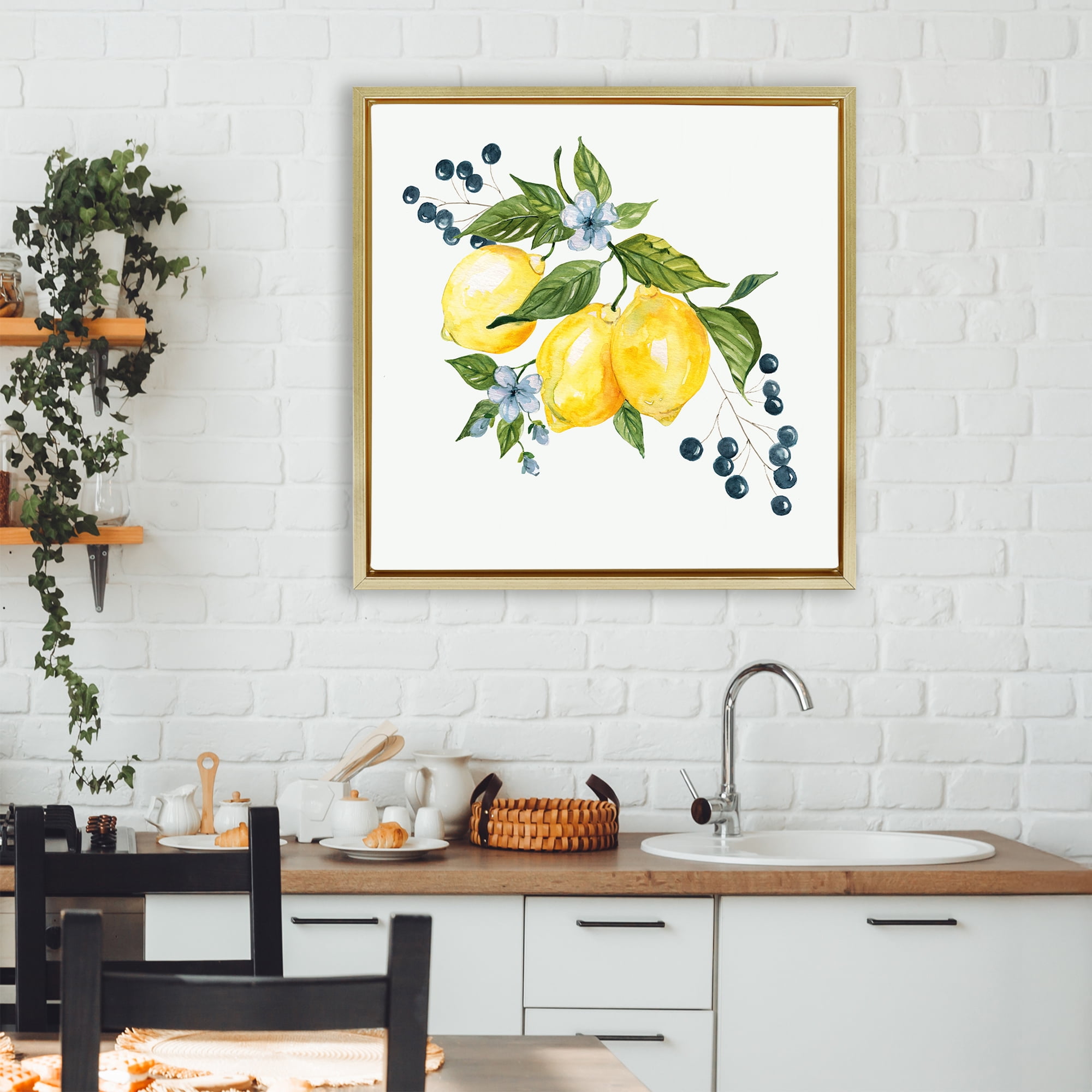 Stupell Industries Lemons with Blossoms & Berries Gold Framed Floater Canvas Wall Art, design by Livi Finn