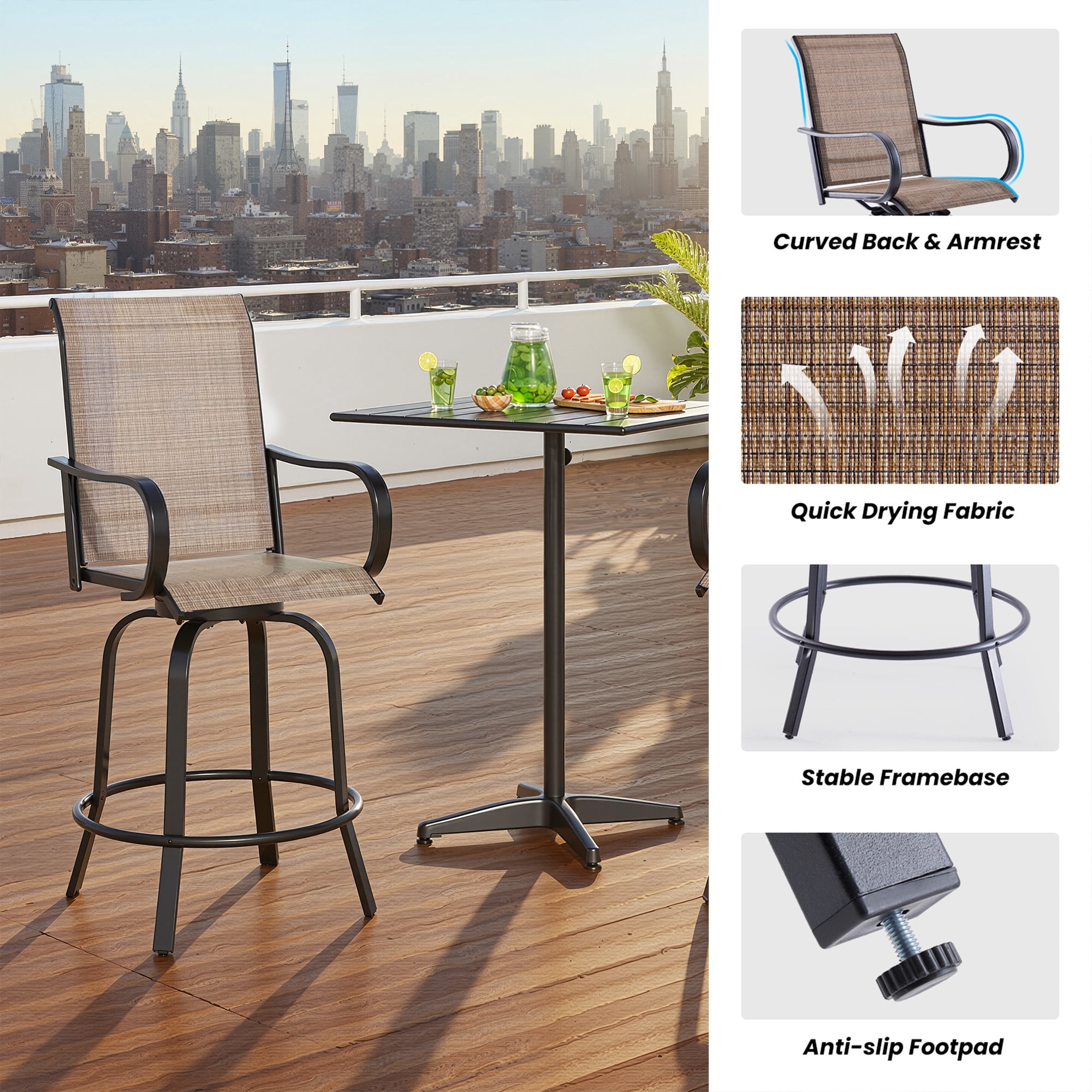MAYEERTY 2-Piece Outdoor Bar Height Tall Stools Set,Textilene,360°Swivel, Ergonomic for Balcony, Brown