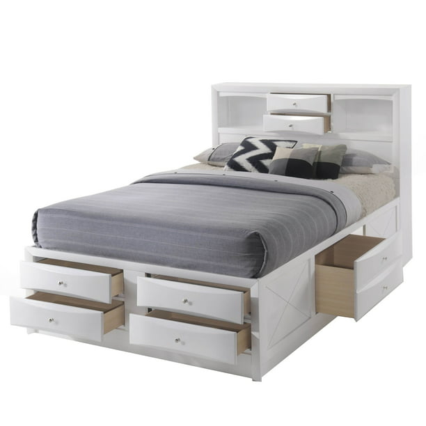 Eight Drawer Full Size Storage Bed with Bookcase Headboard, White