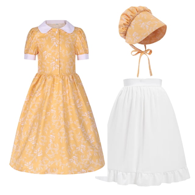 Zpanxa Robe pour Tout-Petites Filles Imprimée à Manches Courtes avec Tablier et Chapeau Ensemble 3 Pcs Polyester Jaune 4-5 Ans