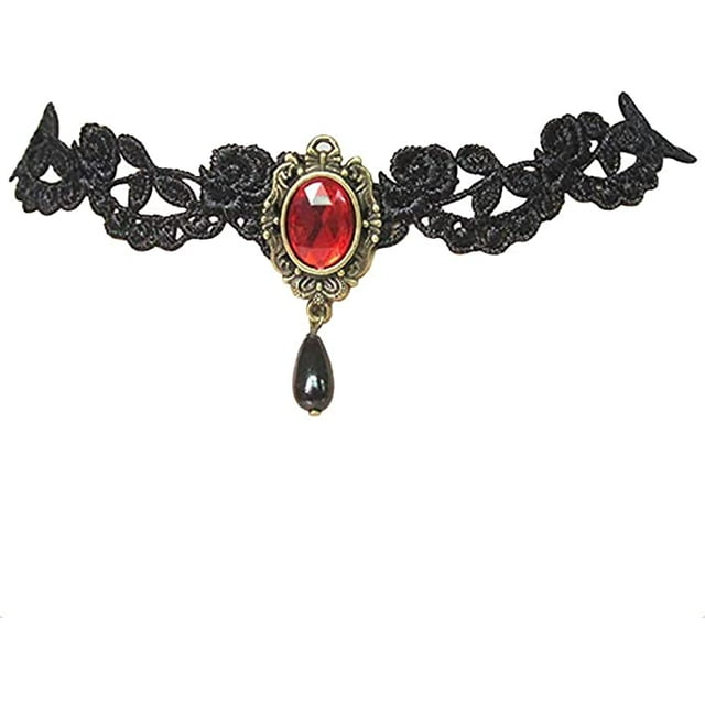 Collier Ras du Cou Gothique Noir en Dentelle Collier Ras du Cou Vampire de la Cour Royale avec Strass Rouges et Pendentif en Forme de Goutte Noire Bijoux de Costume d'Halloween pour Femmes (Rouge)