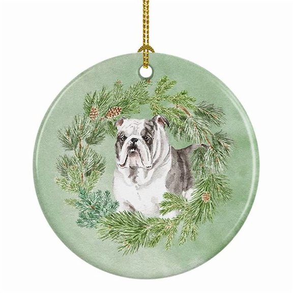 Bulldog Brindled Christmas Wreath Ceramic Ornament 2.8 in x 2.8 in