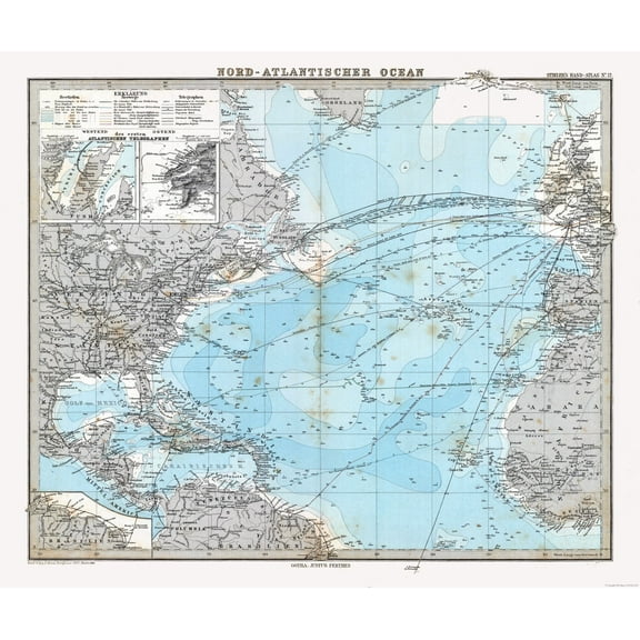 Historic Nautical Map - Atlantic Ocean - Stieler 1885 - 27.38 x 23 - Vintage Wall Art