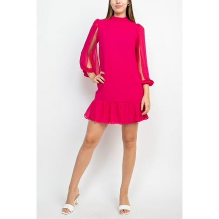 Laundry High Neck slit 3-4 Sleeve Zipper Back Solid Ruffled Hem Chiffon Dress-FUSCHIA / 14